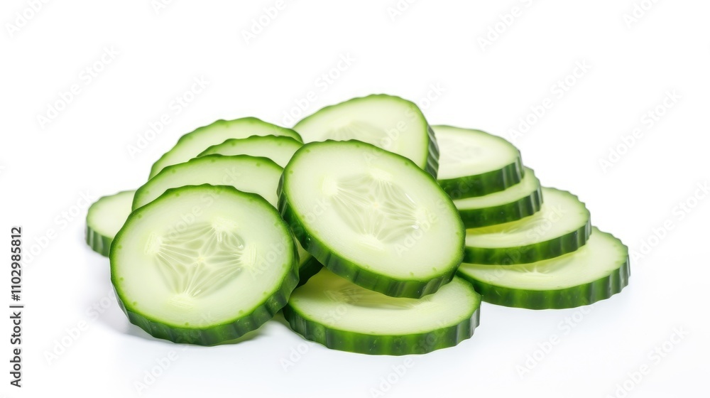 Poster fresh cucumber slices arranged neatly on a white background showcasing their vibrant green color and