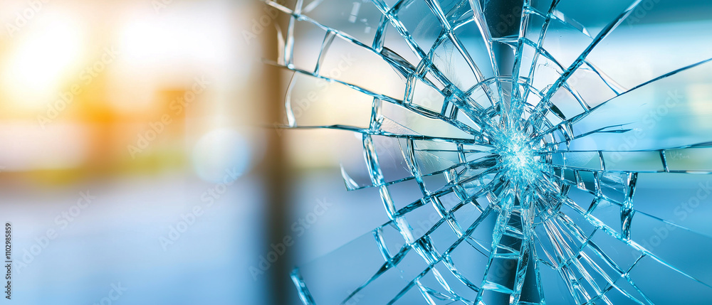Poster shattered glass window with sunlight streaming through, symbolizing impact of terrorism and chaos, c