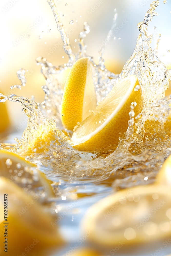 Poster fresh lemon slices splashing into water, creating a vibrant and refreshing scene.