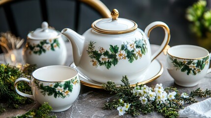 Fototapeta premium Enjoying a romantic afternoon tea with an antique floral wreath tea set in a cozy home setting