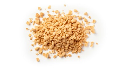Crumpled Roasted Peanut Crumbs Isolated on White Background Pile of Broken Nuts Whole Pieces Viewed from Above for Culinary Use