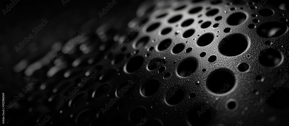 Poster Close up of a textured black plastic object with evenly distributed holes highlighting material properties and design intricacies