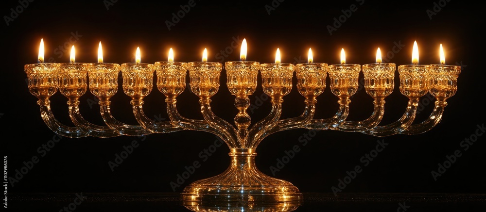 Poster elegant crystal menorah with glowing candles set against a dark background creating a serene festive