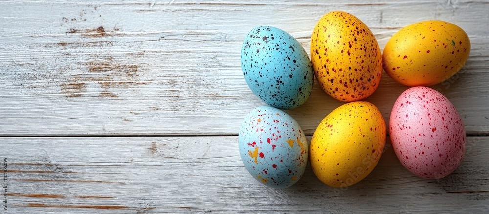 Poster colorful speckled easter eggs arranged on a rustic wooden surface with empty space for text or graph