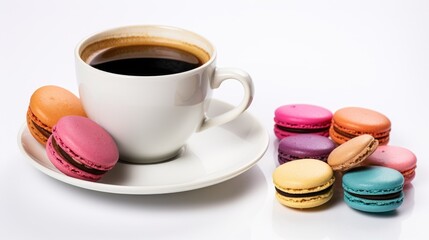 Cup of coffee with colorful macarons on a white background perfect for dessert or cafe-related promotions and culinary presentations