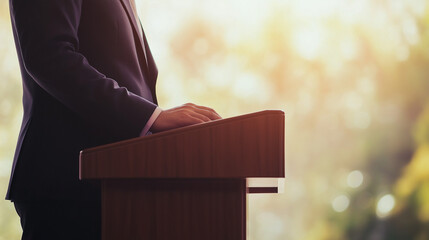 Obraz premium The Power of Words: A lone speaker stands at the podium, silhouetted against a warm, sunlit backdrop. The image captures the moment of delivering an impactful speech.