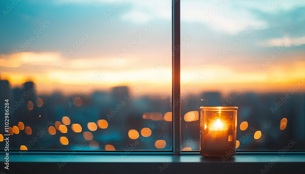 Poster city skyline at dawn with focus on single lit window, creating serene and peaceful atmosphere. soft 