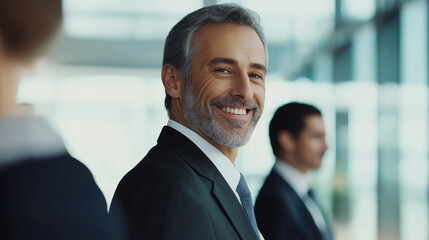 Confident Leader: Portrait of a smiling mature businessman in a suit, exuding confidence and success in a modern office setting.