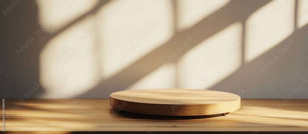 Aufkleber wooden stage mockup on a minimalist table with soft shadows and natural light creating an elegant sh