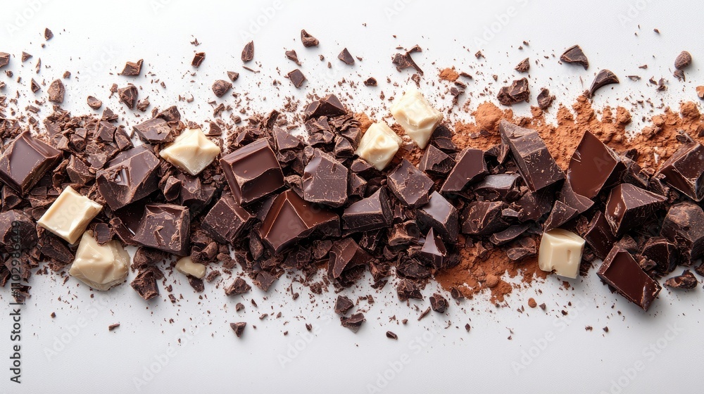 Aufkleber assorted chocolate pieces and cocoa powder scattered on white background creating a textured and app