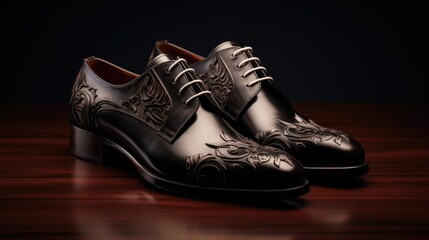 Elegant dark leather dress shoes with intricate designs on wooden surface against dark background