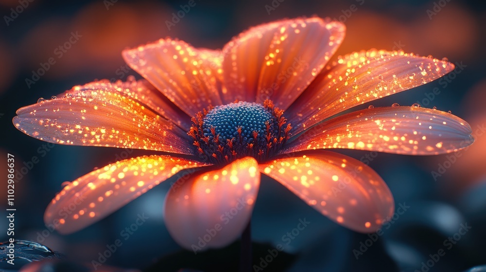 Poster enchanting daisy flower illuminated by soft light with sparkling droplets on its petals highlighting