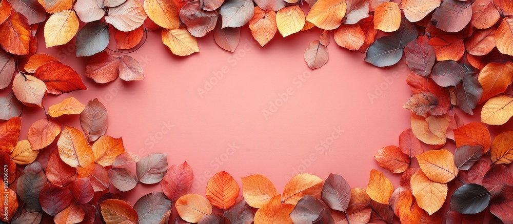 Poster autumn flat lay with dried orange leaves on pink backdrop creating a blank space for text or design 