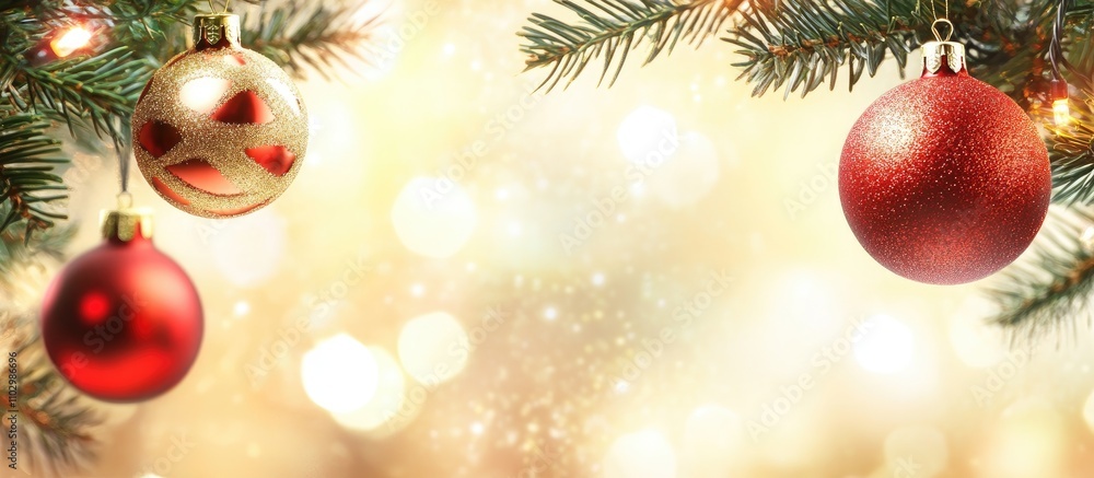 Poster festive christmas tree with ornaments and shimmering bokeh lights creating a warm holiday atmosphere