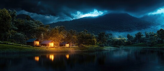 Fototapeta premium Serene eco glamping site by a tranquil lake surrounded by lush trees under a dramatic night sky capturing sustainable tourism essence