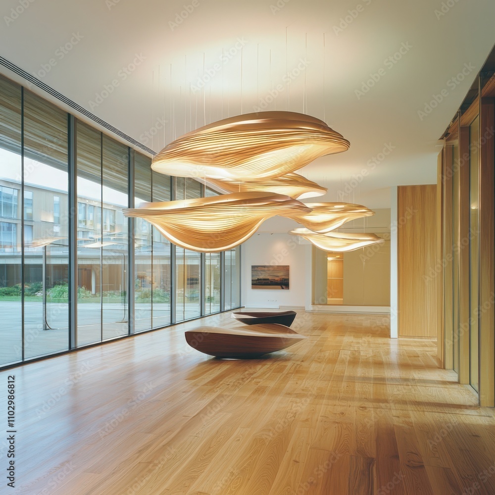 Poster modern floating pendant lights illuminate minimalist spaces in contemporary architecture