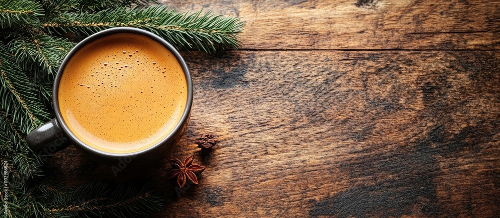 Aufkleber cozy hot beverage with tree branches on rustic wooden surface creating a warm and inviting atmospher