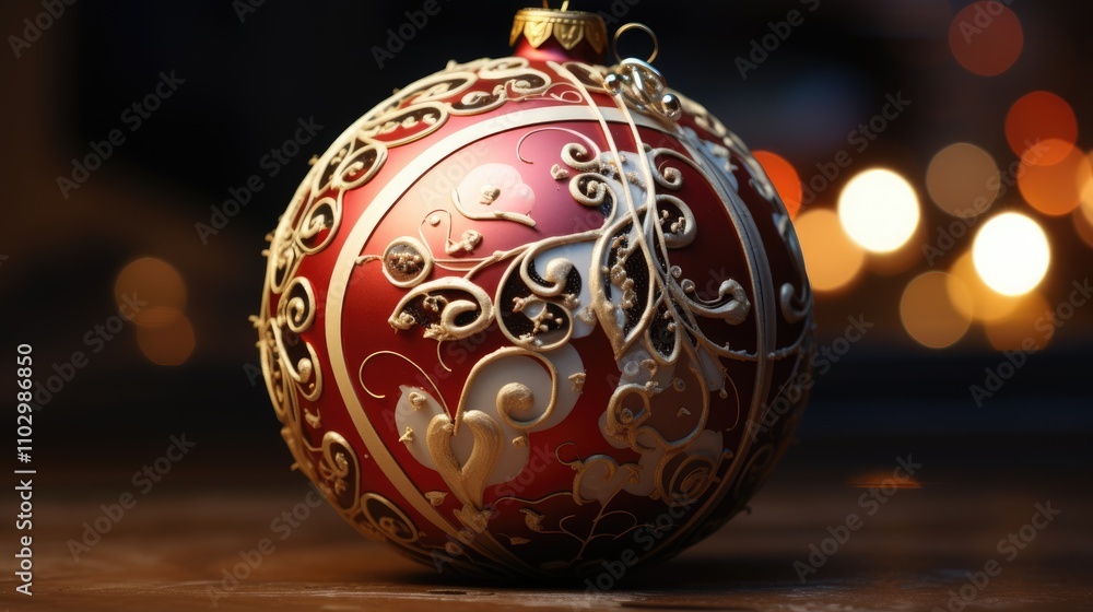 Poster elegant red christmas tree ornament with intricate gold detailing and a sparkling background of boke