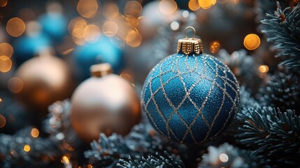 Festive Christmas tree decorations featuring shiny blue and gold ornaments with sparkling lights in a cozy holiday setting