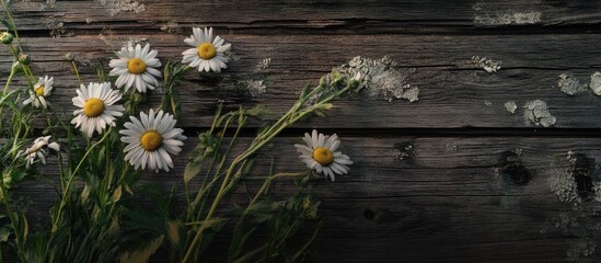 Obraz premium Daisies arranged on rustic wooden surface with textured backdrop showcasing nature's beauty and simplicity