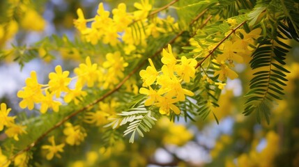 Obraz premium Acacia nilotica flowering branch highlighting its culinary uses and medicinal benefits for various health conditions