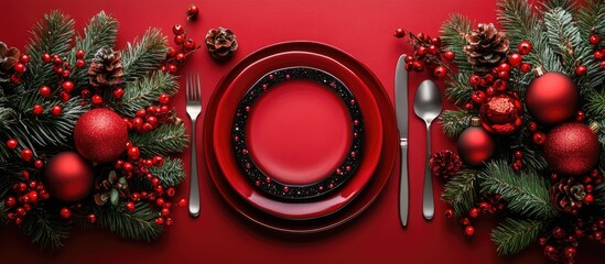 Elegant Christmas table setting with festive decorations and red accents on a vibrant red background for holiday celebrations.