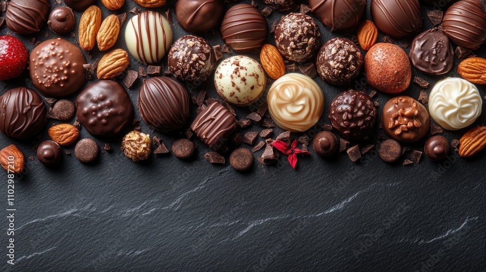 Aufkleber assorted chocolate candies with nuts arranged creatively on dark marble background for customizable 