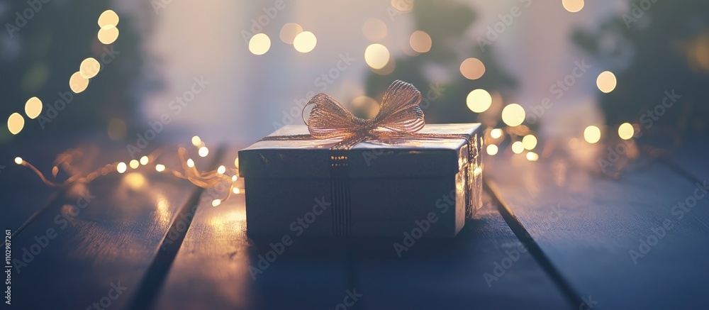 Poster decorative gift box with shimmering bokeh lights on a rustic wooden surface creating a warm holiday 