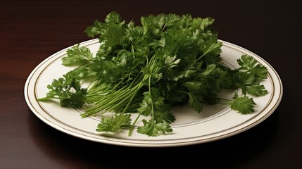 Freshly harvested parsley arranged elegantly on a classic white plate against a dark wooden background.