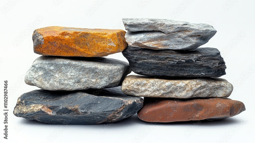 Poster stone stacking arrangement showcasing varied textures and colors on a clean white background for nat
