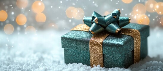 Trendy green mint gift box with turquoise gold bow on sparkling white background with twinkling party lights and shimmering snowflakes