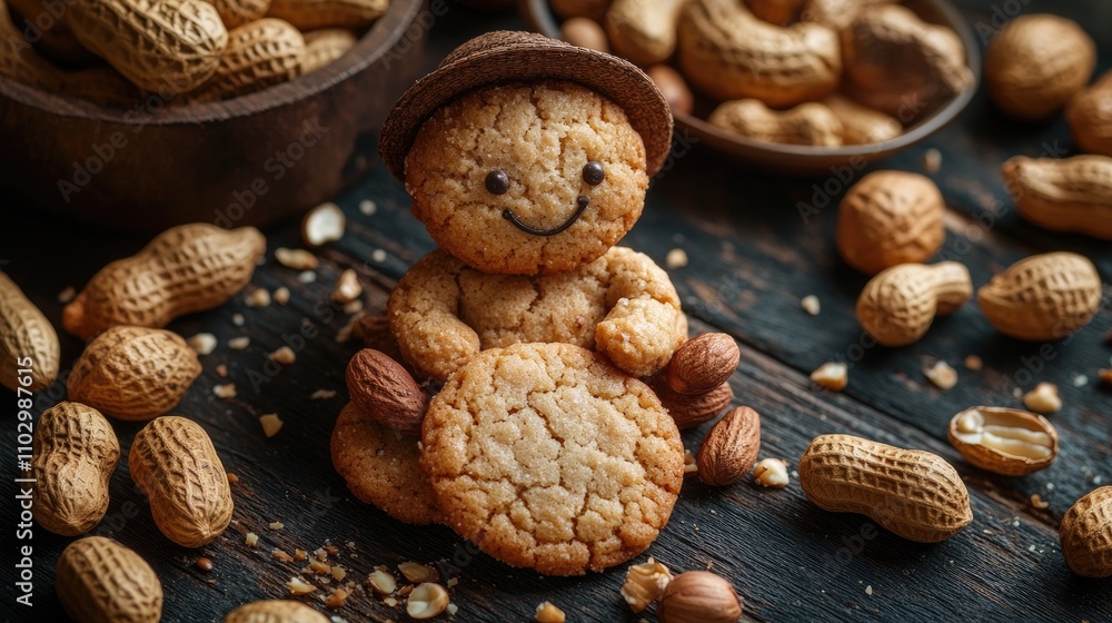 Aufkleber cookies with peanuts adorned by a cheerful cookie character and scattered raw peanuts on rustic dark