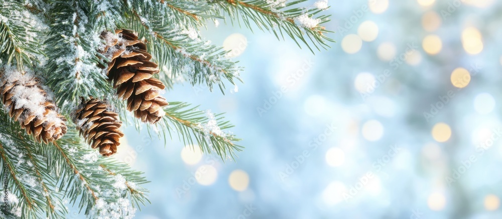 Poster spruce tree branches adorned with pine cones and soft bokeh background for a festive and serene wint