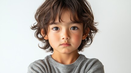 Naklejka premium Young Asian boy with serious expression crossed arms isolated on white background thoughtful and intelligent child concept