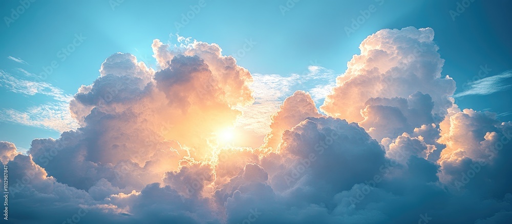 Poster tranquil sky with fluffy clouds illuminated by warm sunlight creating a serene and uplifting atmosph