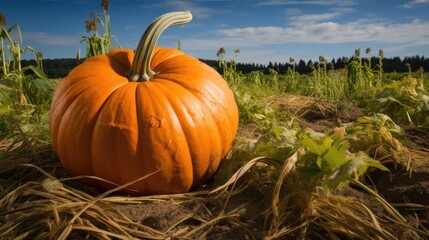 Vibrant Orange Pumpkin in Agricultural Field Emphasizing Harvest Season and Natural Beauty