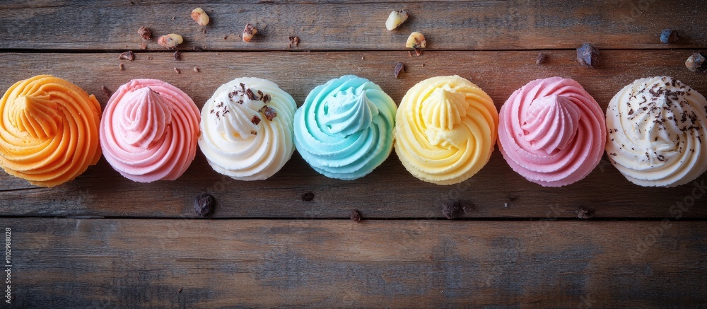 Poster colorful merengue swirls arranged in a row on a rustic wooden background creating a vibrant and invi