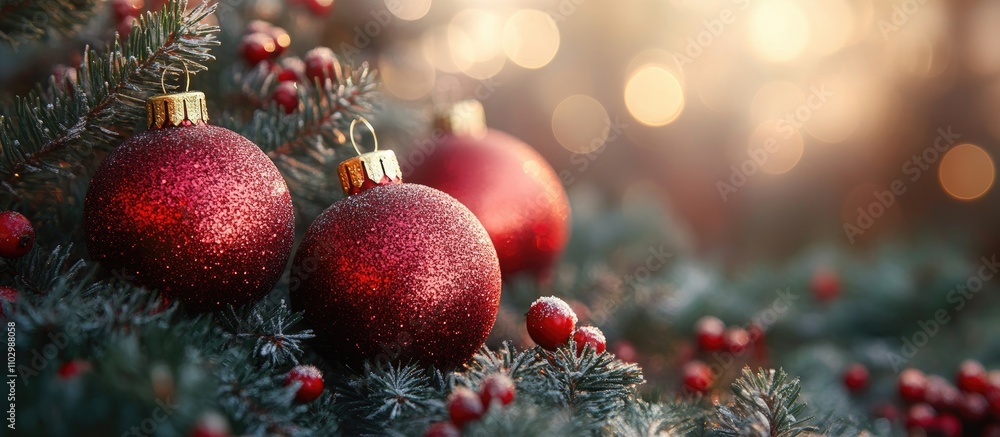 Aufkleber christmas ornaments with sparkling bokeh effect nestled in evergreen branches creating a warm festiv