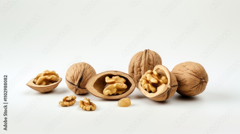 Aufkleber walnuts in their shells and kernels arranged on a clean white background for a natural food composit
