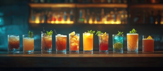 Cocktail selection on bar counter featuring vibrant drinks with blurred bar background creating an inviting atmosphere for patrons.