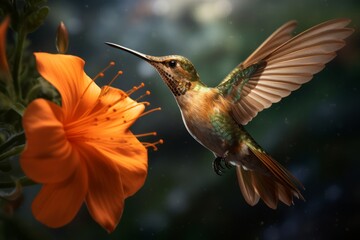 Fototapeta premium Orange Hummingbird Close-Up with Emerald Jungle Backdrop