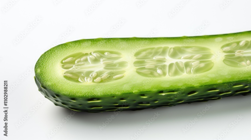 Poster macro shot of a fresh green cucumber slice showcasing its texture and seeds against a clean white ba
