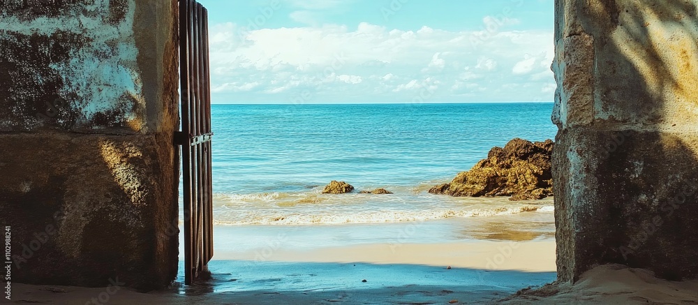 Poster serene coastal view through an open gate with calm waters and rocky shoreline in the background show
