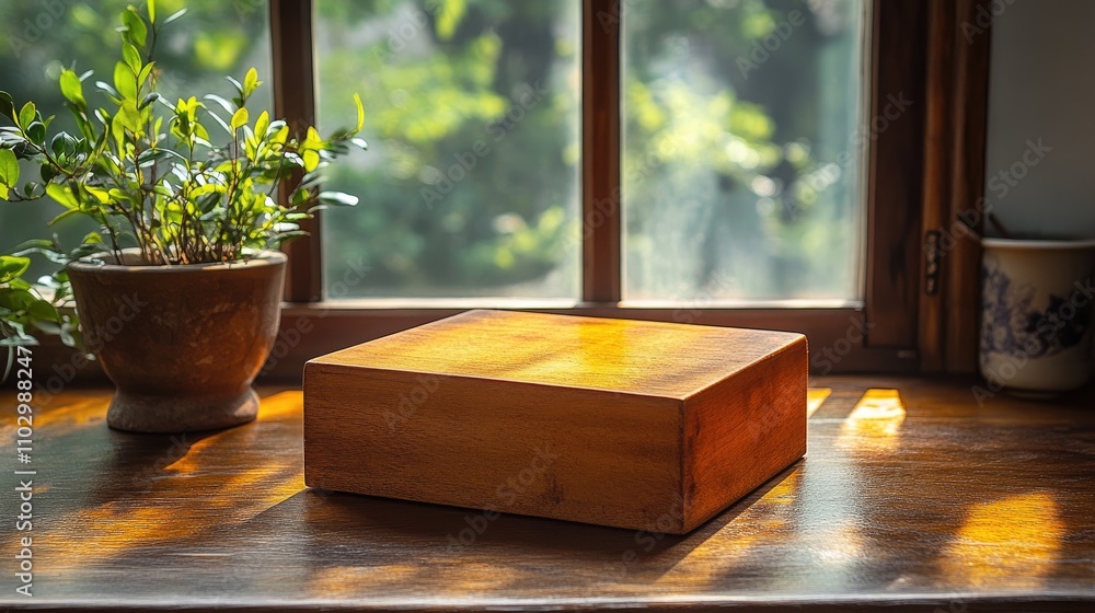 Poster wooden tea box on a rustic table with sunlight streaming through a window surrounded by greenery in 