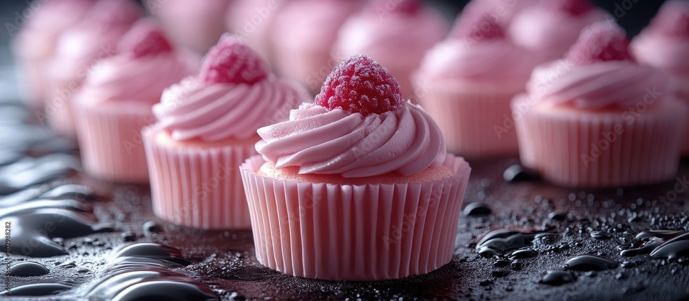 Poster pink raspberry frosted cupcakes arranged on a reflective black surface with a blurred background sho