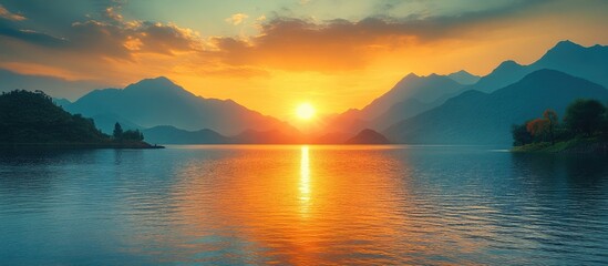 Serene sunset reflecting on tranquil water with majestic mountains in the background creating a picturesque natural landscape.