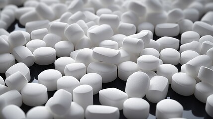Fototapeta premium assorted white pharmaceutical tablets in various shapes scattered on a reflective surface showcasing health and wellness concepts