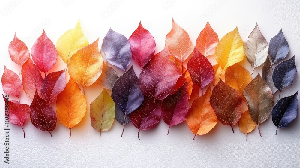 Poster colorful transparent skeleton leaves arranged in a flat lay design creating a vibrant border on a wh