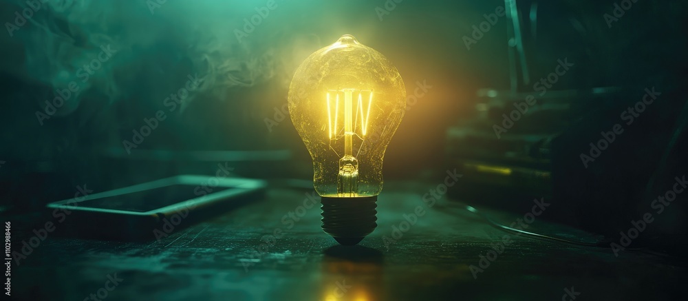 Poster illuminated vintage light bulb on a moody desk symbolizing creativity technology and idea generation