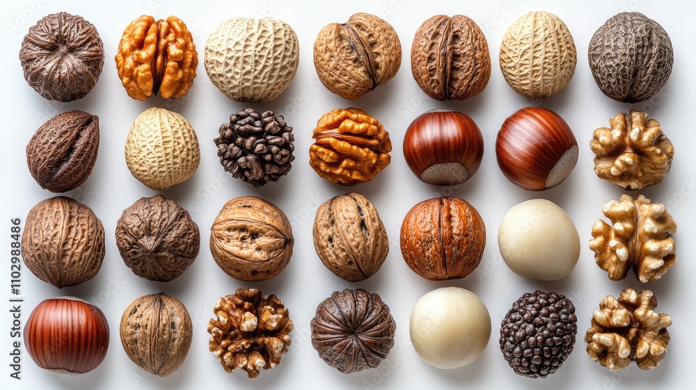 Poster Assorted nuts arranged in a grid on a white background showcasing their natural textures and colors in a close-up view.